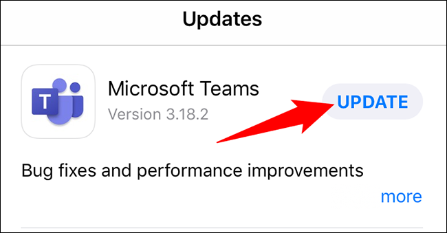 Toque em "Atualizar" ao lado de "Microsoft Teams".