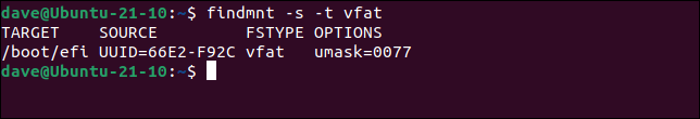 Usando findmnt para pesquisar /etc/fstab para montagens do sistema de arquivos vfat