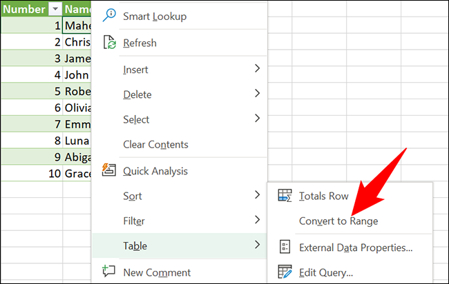 Clique com o botão direito do mouse em uma célula da tabela e selecione Tabela > Converter em intervalo.