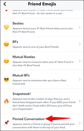 Selecione "Conversa fixada" na página "Emojis de amigos".