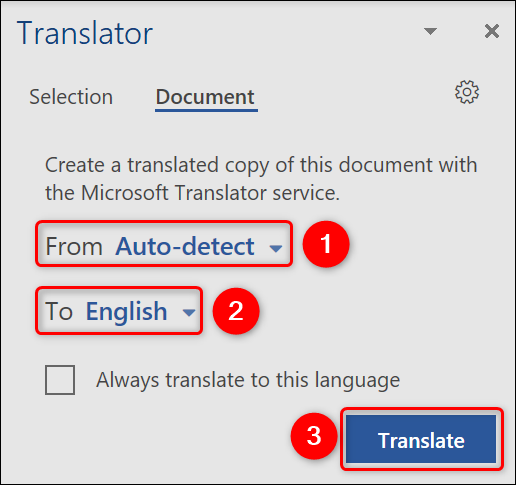 Especifique as opções de tradução de PDF.