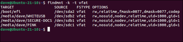 Usando findmnt para pesquisar /proc/self/mount para montagens do sistema de arquivos vfat