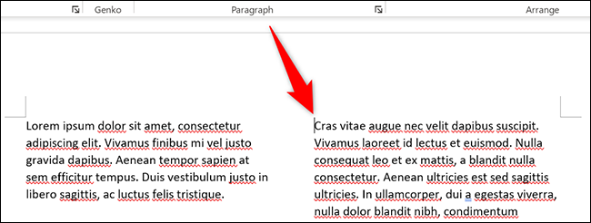 Uma quebra de coluna adicionada a um documento do Word.