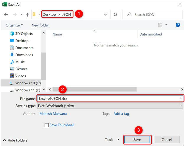 Selecione uma pasta para salvar o arquivo do Excel.