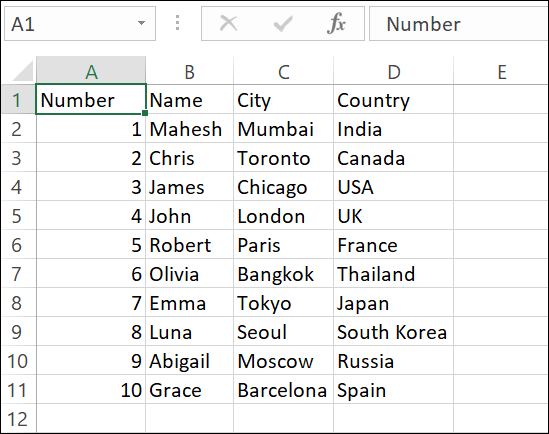 Os dados de um arquivo CSV em texto simples no Excel.