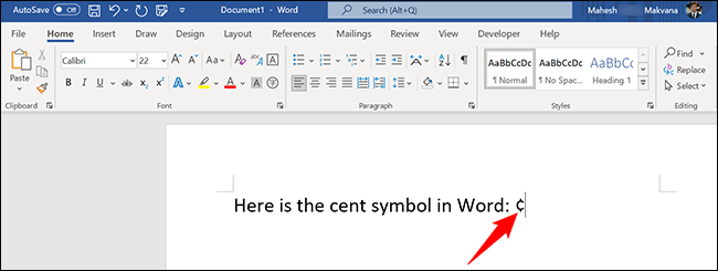 O símbolo do centavo adicionado no Word.