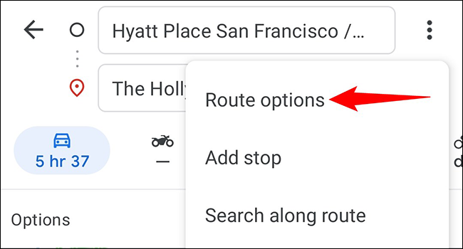 Selecione "Opções de rota" no menu de três pontos.