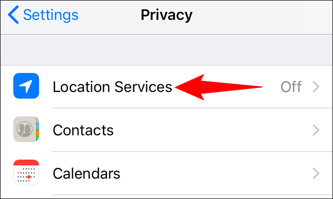Selecione "Serviços de Localização" na tela "Privacidade".