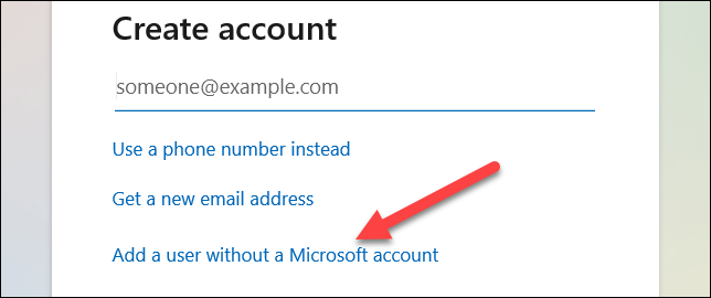"Adicione um usuário sem uma conta da Microsoft."