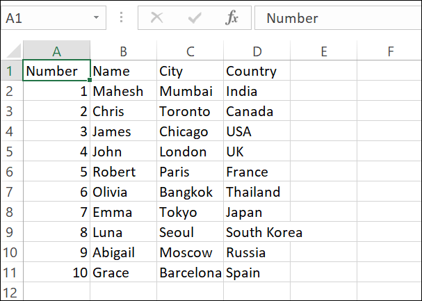 Um arquivo CSV no Excel.