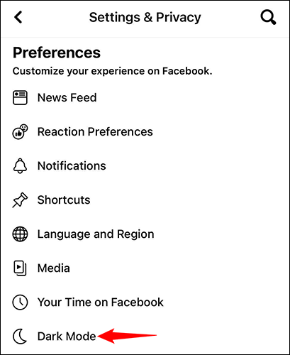Toque em "Modo escuro" na página "Configurações e privacidade".