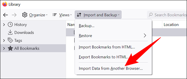 Clique em Importar e fazer backup > Importar dados de outro navegador na janela "Biblioteca".