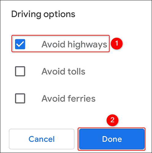 Ative "Evitar rodovias" e toque em "Concluído".