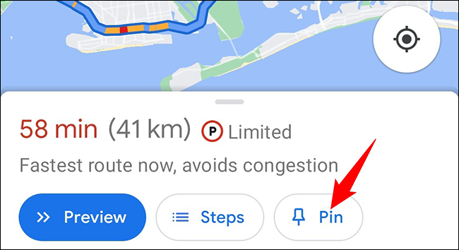 Toque em "Pin" na parte inferior da página de rotas.