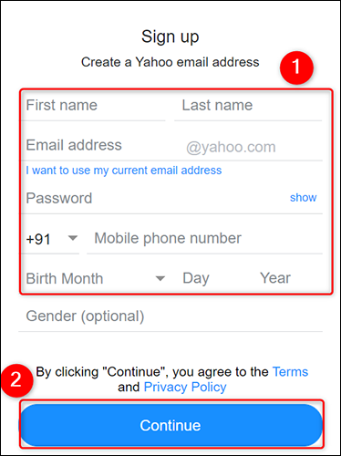 Preencha o formulário de inscrição do Yahoo.