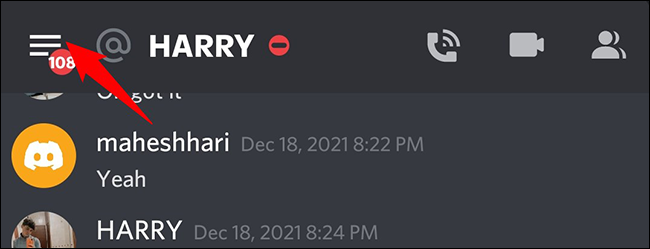 Toque no menu de hambúrguer no Discord no celular.