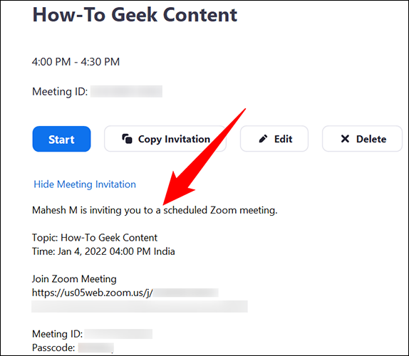 Clique em "Mostrar convite para reunião" no painel direito.