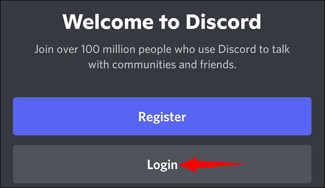 Toque em "Login" no aplicativo móvel Discord.