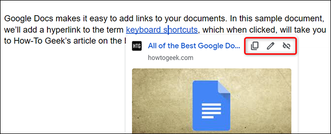 Opções de modificação de hiperlink no Google Docs.