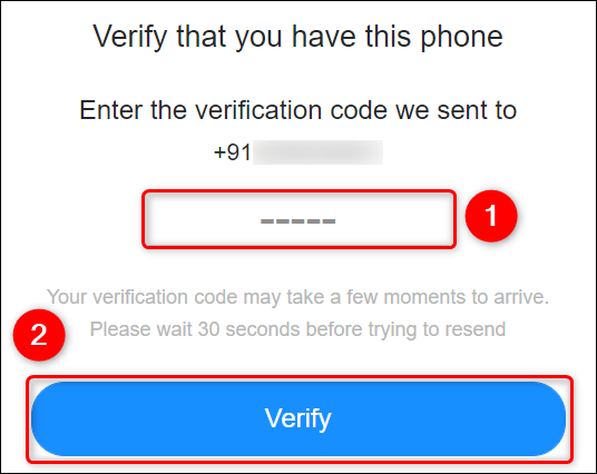 Digite o código de verificação e clique em "Verificar".