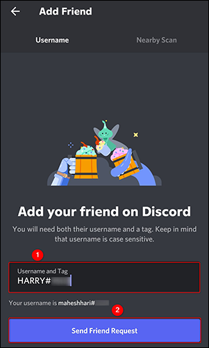 Digite a Tag Discord e toque em "Enviar solicitação de amizade".