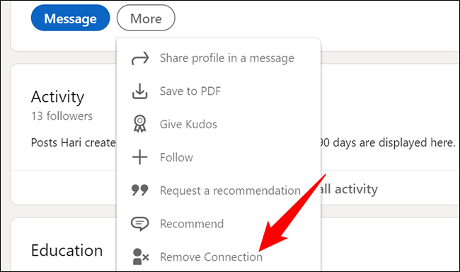 Selecione Mais > Remover conexão na página de perfil.