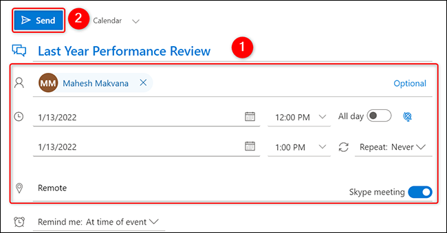 Envie um convite de calendário do Outlook na Web.