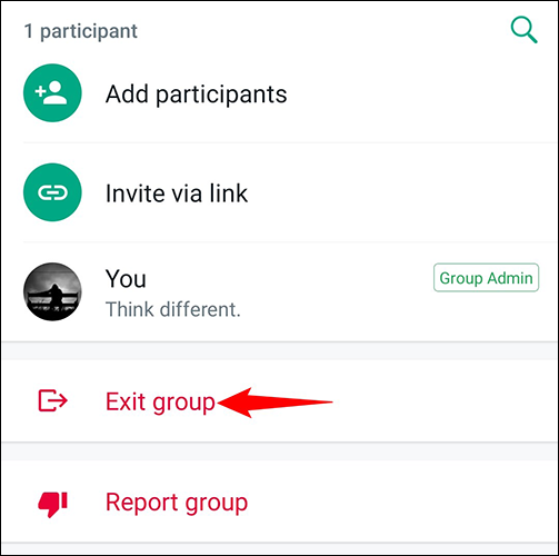 Selecione "Sair do grupo" na parte inferior.
