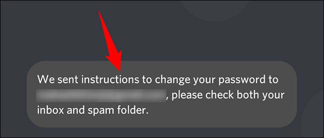 Discord instruções de redefinição de senha enviadas para o e-mail.