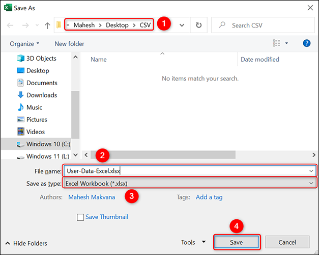 Salve o arquivo CSV no formato Excel.