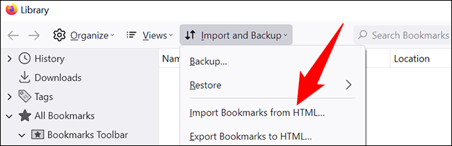 Clique em Importar e fazer backup > Importar favoritos de HTML na janela "Biblioteca".
