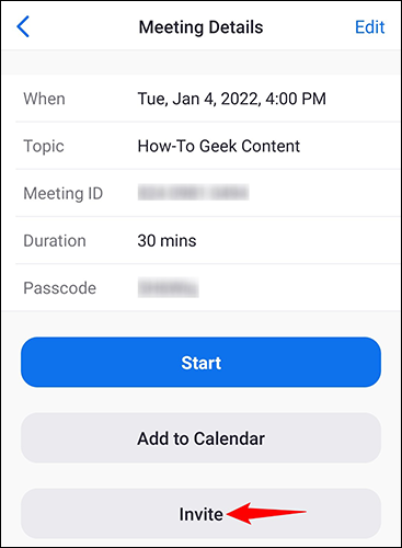 Selecione "Convidar" na página "Detalhes da reunião".