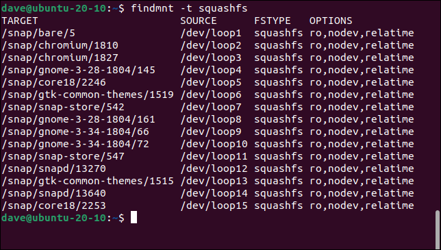 Inspecionando pontos de montagem do sistema de arquivos squashfs com findmnt