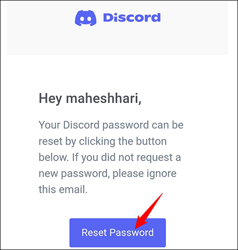 Toque em "Redefinir senha" no e-mail do Discord.