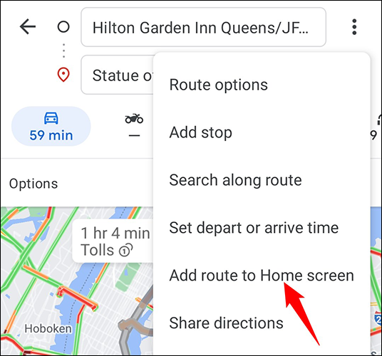 Selecione "Adicionar rota à tela inicial" no menu de três pontos.