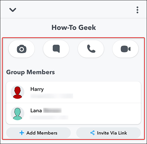 Opções de gerenciamento de grupo do Snapchat.