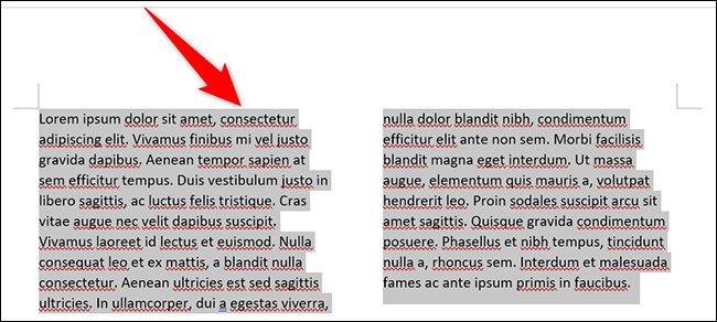 Texto selecionado colocado em colunas.