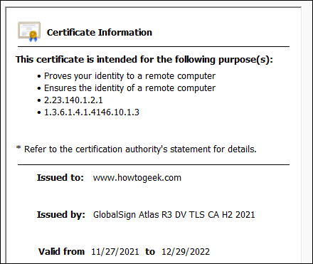 Informações do certificado.