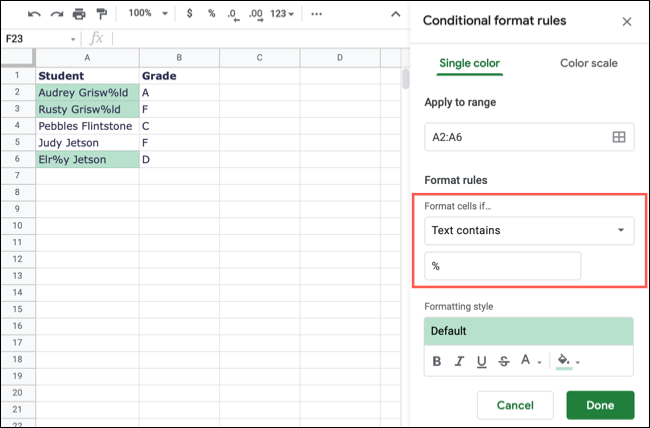 Texto Contém regra de formatação condicional no Planilhas Google