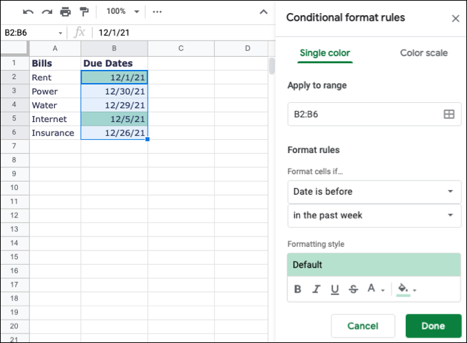 Formatação condicional aplicada no Planilhas Google