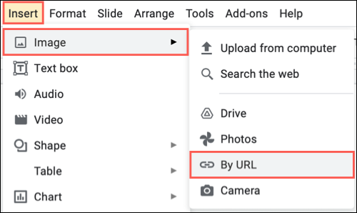 Selecione Inserir, Imagem, Por URL
