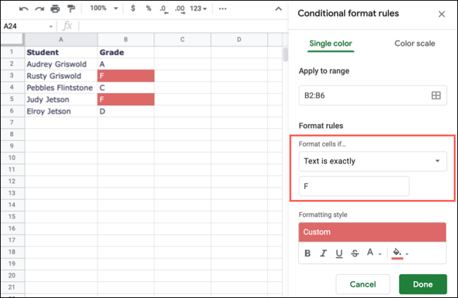 O texto é regra de formatação exatamente condicional no Planilhas Google