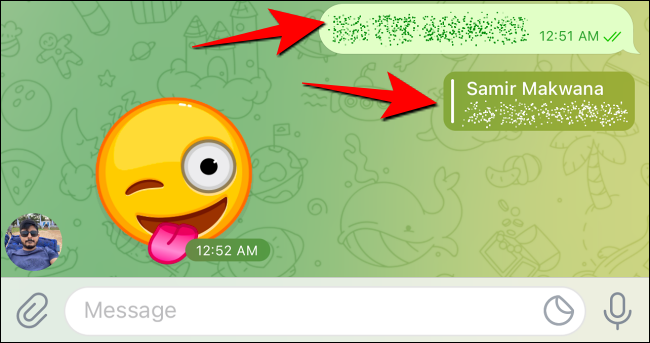 Mensagem e resposta com formatação de spoiler no Telegram para iPhone