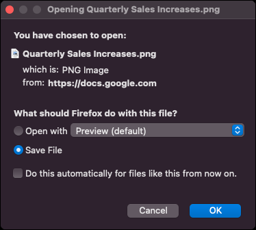Prompt do Firefox para abrir ou salvar o arquivo