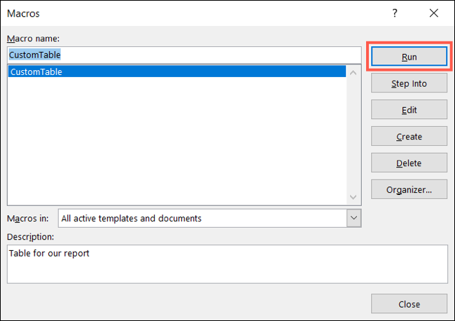 Selecione a macro e clique em Executar