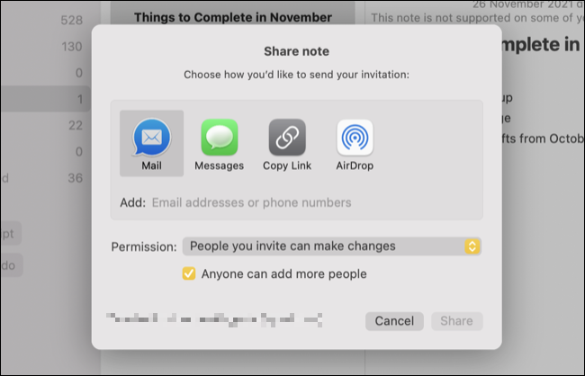 Compartilhar nota no Apple Notes para Mac