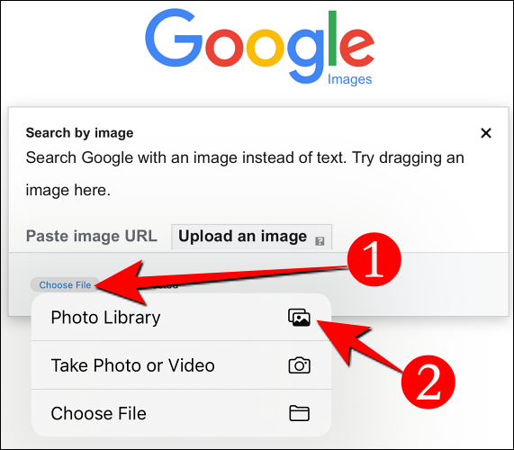 Selecione o botão "Escolher arquivo" e escolha "Biblioteca de fotos" para abrir Fotos para selecionar uma imagem para upload.