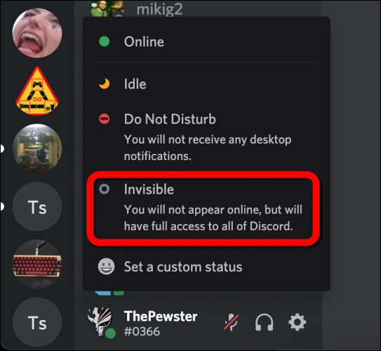 Selecione o status "Invisível" no menu pop-up.