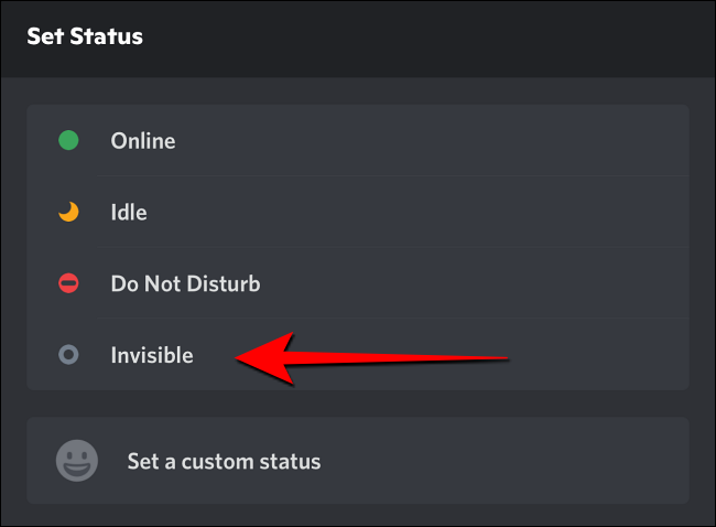 Selecione "Invisível" no menu pop-up do Discord para dispositivos móveis.
