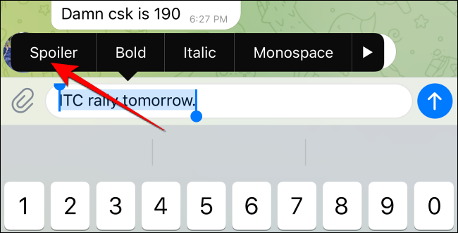 Selecione a opção "Spoiler" no menu de formatação no Telegram para iPhone.